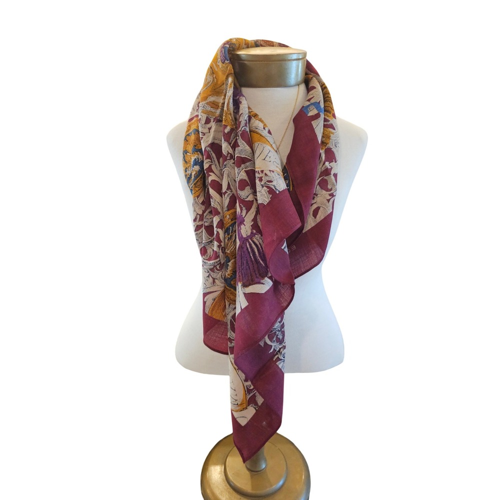 Echo Vintage 100% Wool Square Scarf‎ Burgundy Gold Heraldic Crest Print 34x34